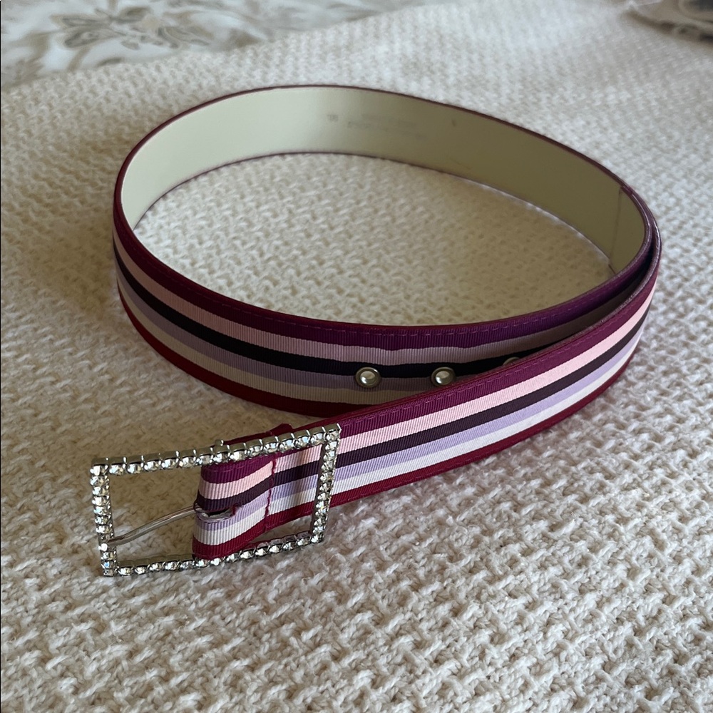 Pink and purple striped fabric belt with rhinestone buckle
